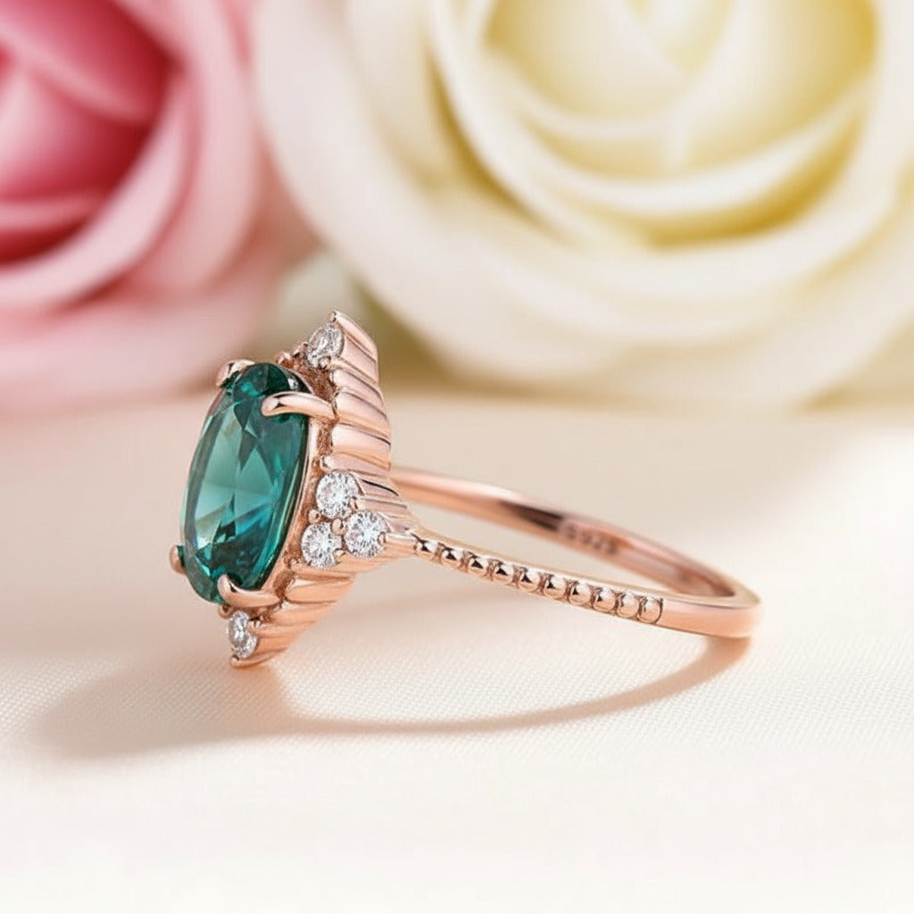 Vintage Rose Gold Oval Cut Paraiba Tourmaline Engagement Ring-Black Diamonds New York