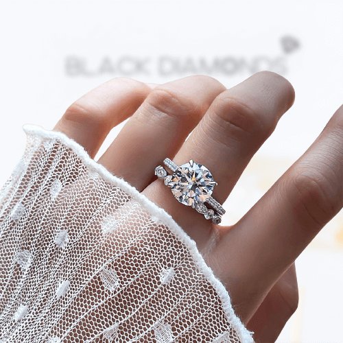 Vintage Round Cut Wedding Ring Set - Black Diamonds New York