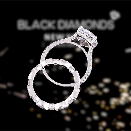 Vintage Round Cut Wedding Ring Set - Black Diamonds New York