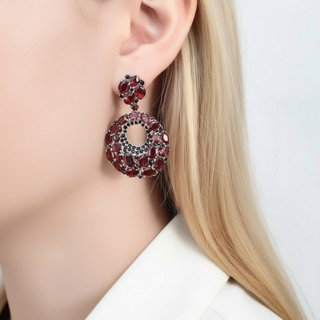 Vintage Round Garnet Gemstone Drop Earrings-Black Diamonds New York