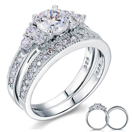Vintage Style 1 Carat Created Diamond 2-Pc Wedding Engagement Ring Set