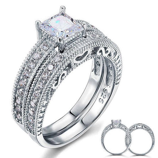 Vintage Style Victorian Art Deco 1 Carat Created Diamond 2-Pc Wedding Engagement Ring Set-Black Diamonds New York