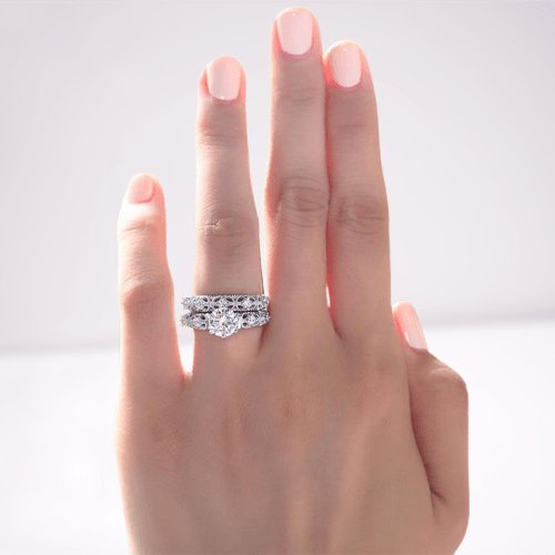 Vintage Style Victorian Art Deco 1.25 Carat Created Diamond 2-Pcs Wedding Engagement Ring Set - Black Diamonds New York