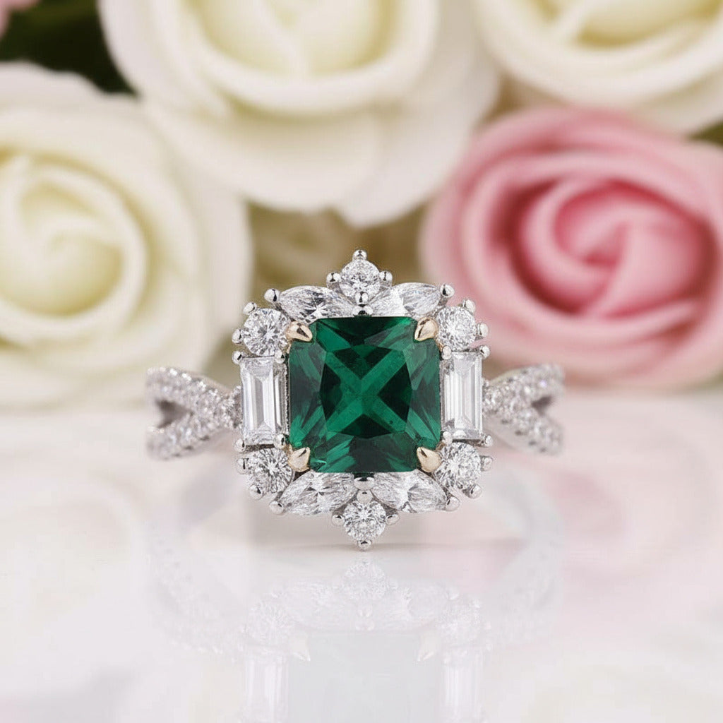 Vintage Twist Emerald Green Princess Cut Engagement Ring-Black Diamonds New York