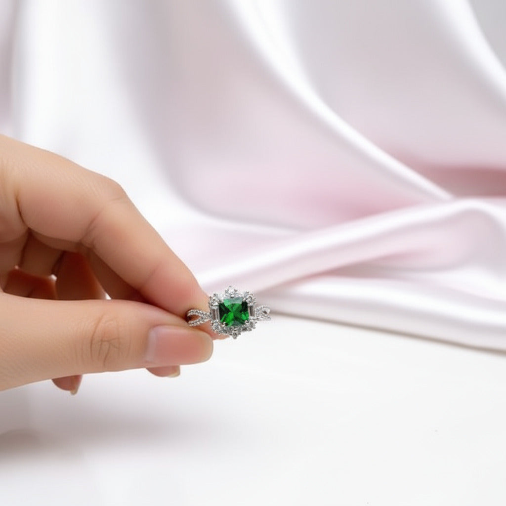 Vintage Twist Emerald Green Princess Cut Engagement Ring-Black Diamonds New York