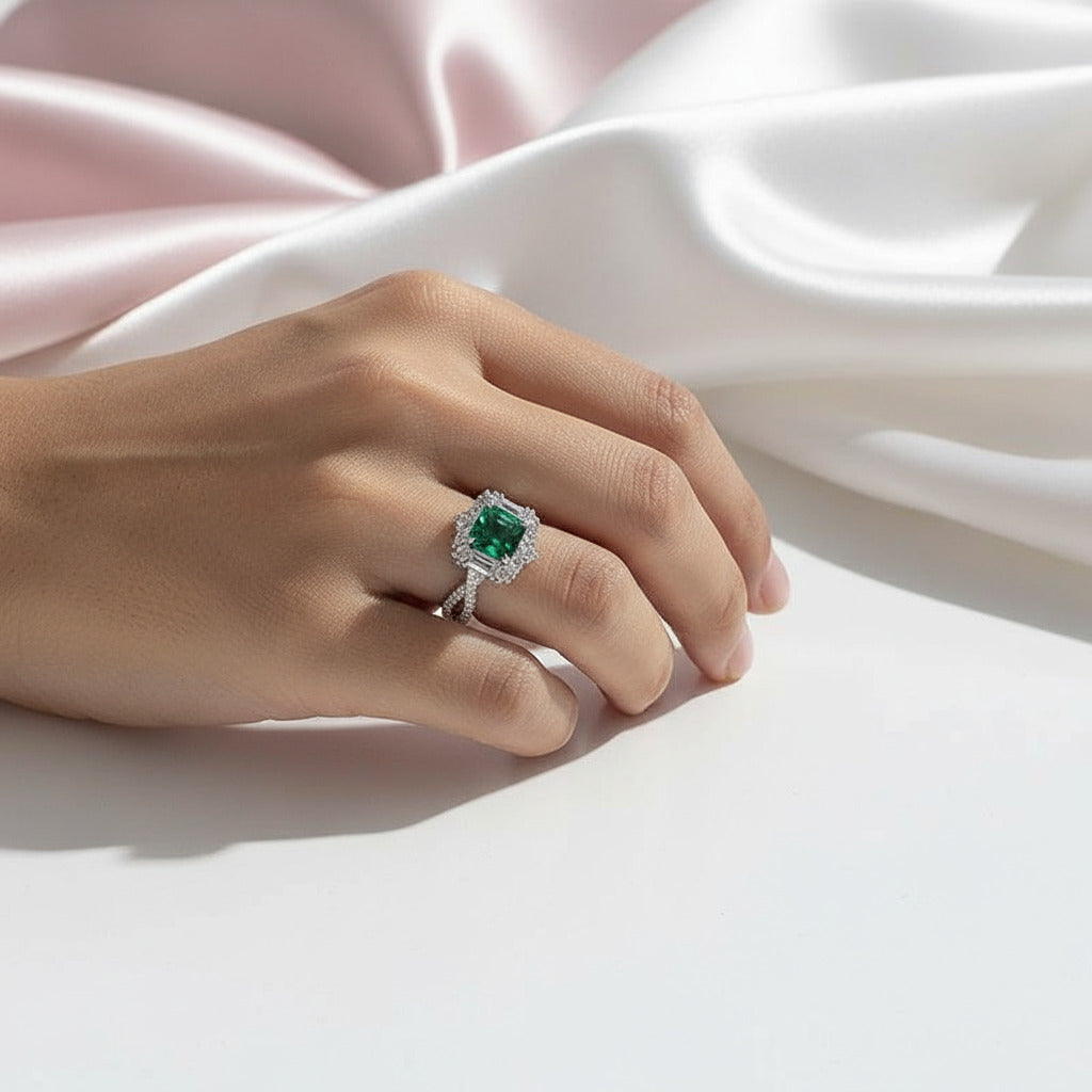 Vintage Twist Emerald Green Princess Cut Engagement Ring-Black Diamonds New York