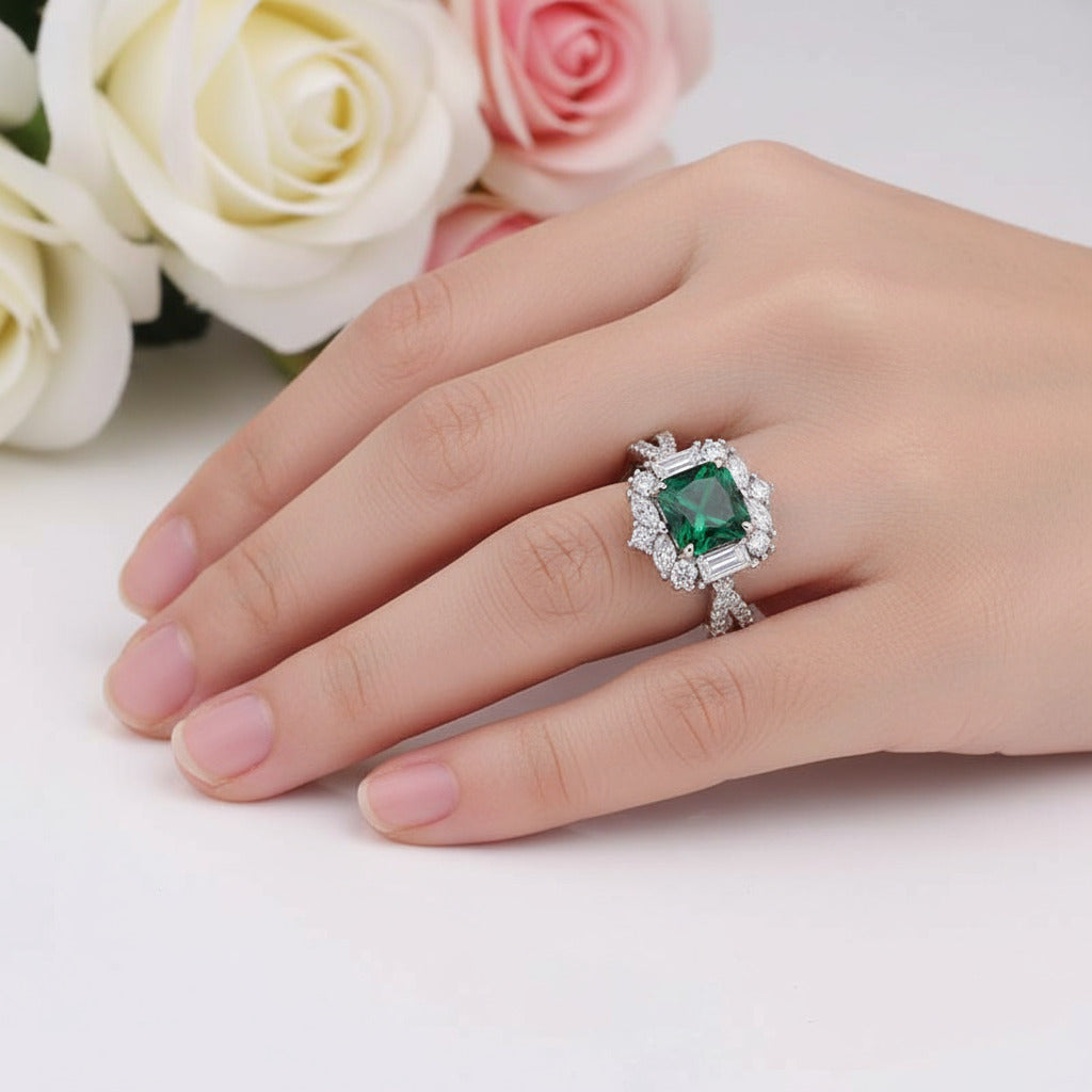 Vintage Twist Emerald Green Princess Cut Engagement Ring-Black Diamonds New York