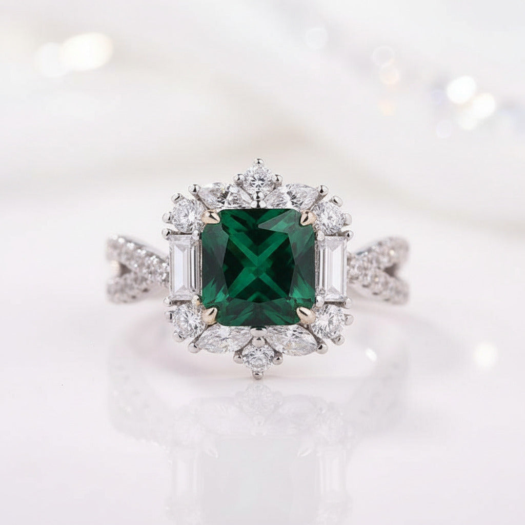 Emerald Green Twist Rose Golden Engagement Ring In Sterling Silver main image 0