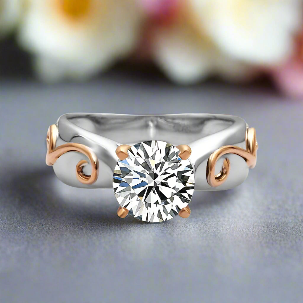Round Diamond with Rose Gold Vine Vintage Wedding Ring-Black Diamonds New York