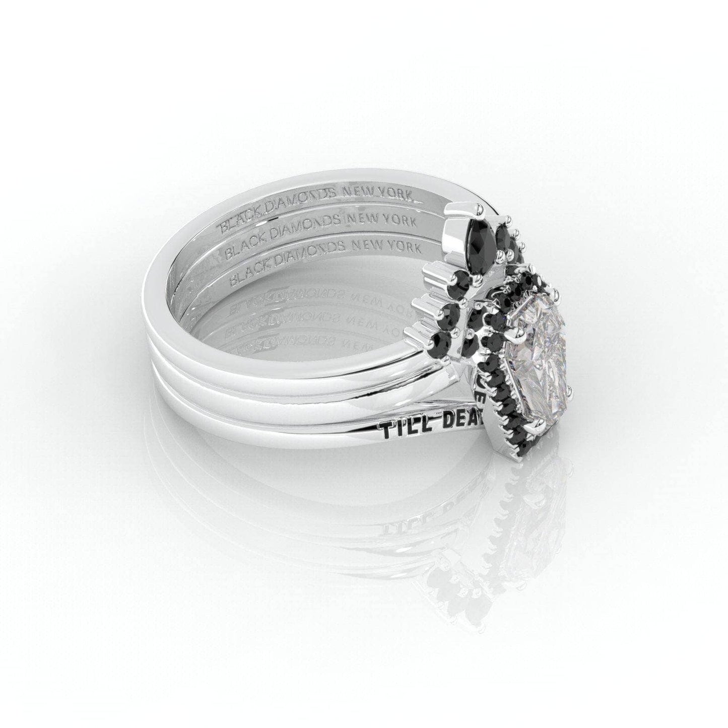 Till Death Do Us Part Rings- Rare Coffin Cut Moissanite 14k White Gold Ring Set - Black Diamonds New York
