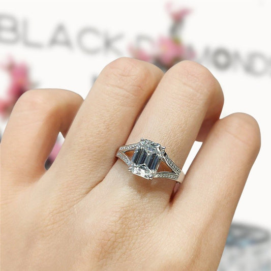 18K White Gold 2 Carat Emerald Cut Moissanite Split Shank Engagement Ring - Black Diamonds New York