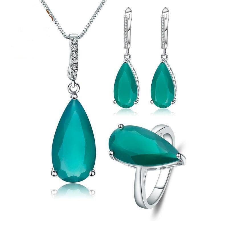 Water Drop Natural Green Agate Gemstone Jewelry Set-Black Diamonds New York