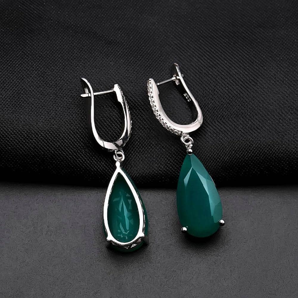 Water Drop Natural Green Agate Gemstone Jewelry Set - Black Diamonds New York