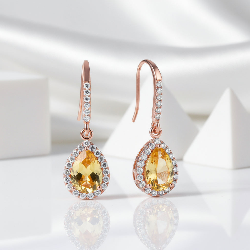 Water Drop Yellow Citrine Stone Dangle Earrings-Black Diamonds New York