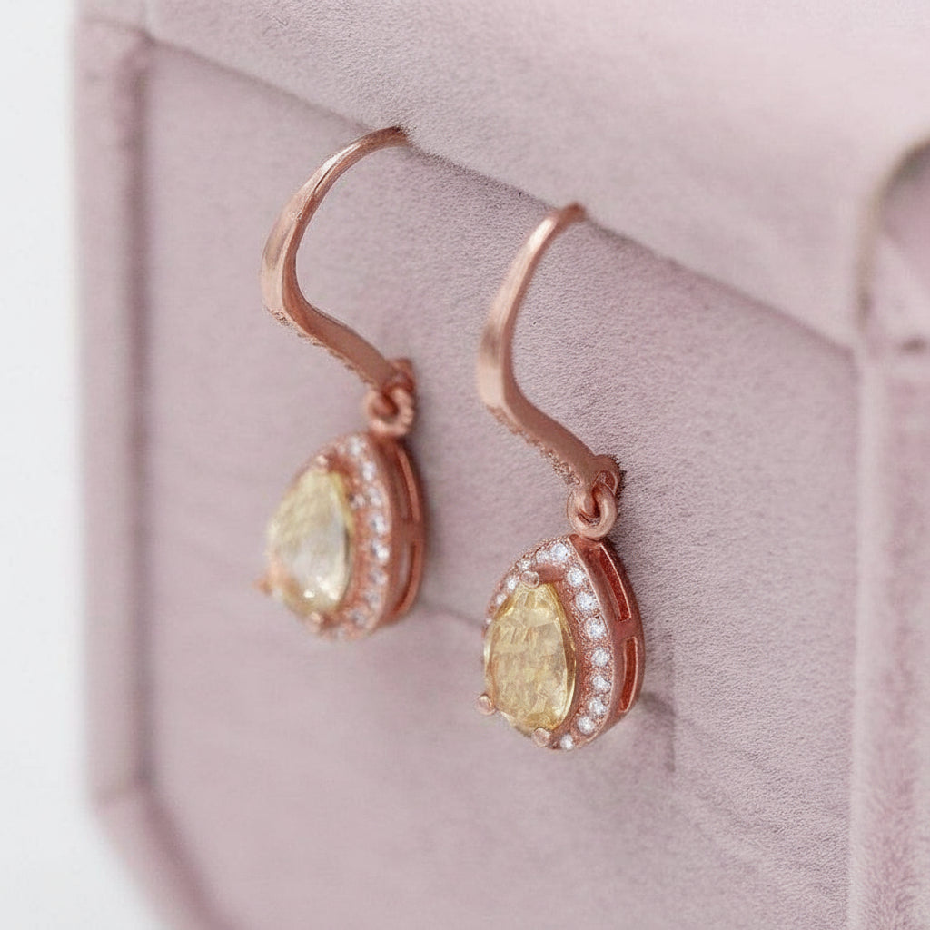 Water Drop Yellow Citrine Stone Dangle Earrings-Black Diamonds New York