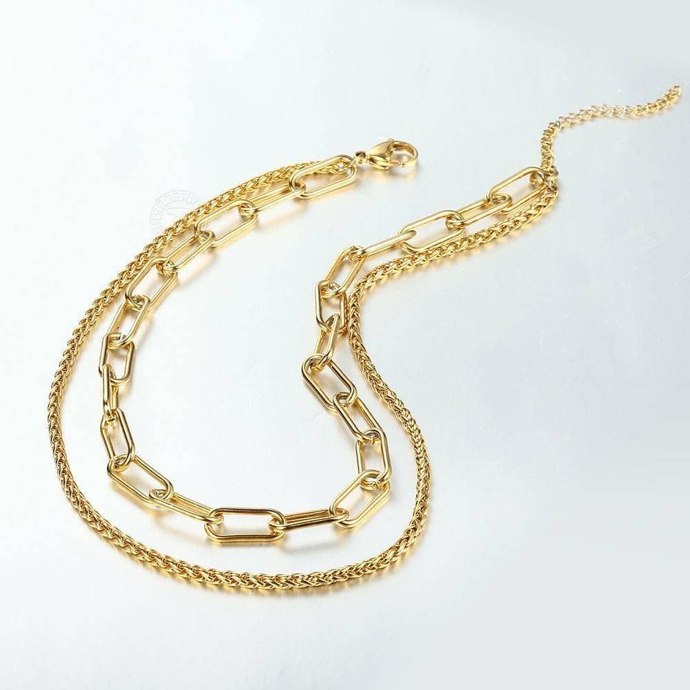 Wheat Chain Gold Filled Stainless Steel Punk Jewelry Multi Layered Choker Necklace - Black Diamonds New York