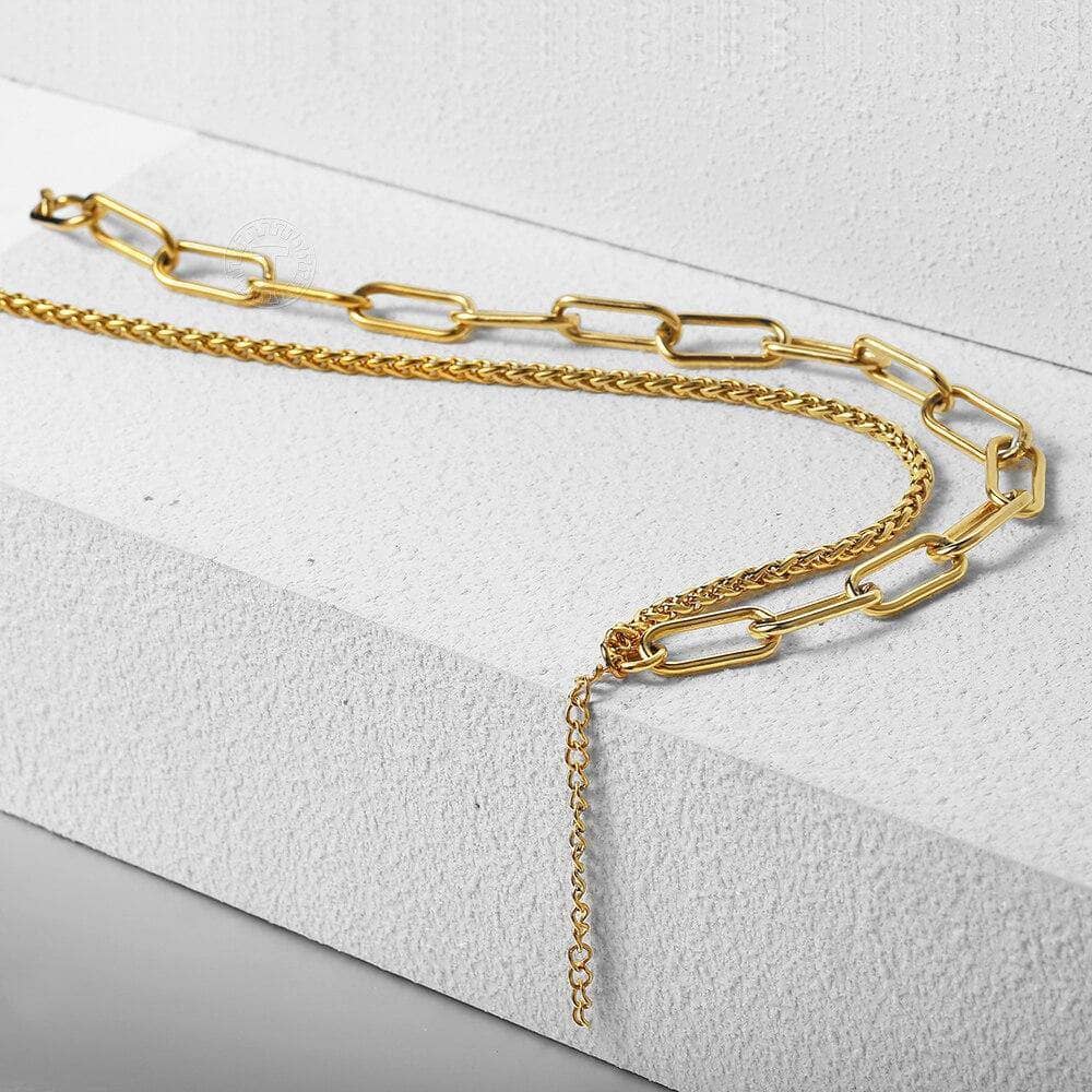 Wheat Chain Gold Filled Stainless Steel Punk Jewelry Multi Layered Choker Necklace-Black Diamonds New York