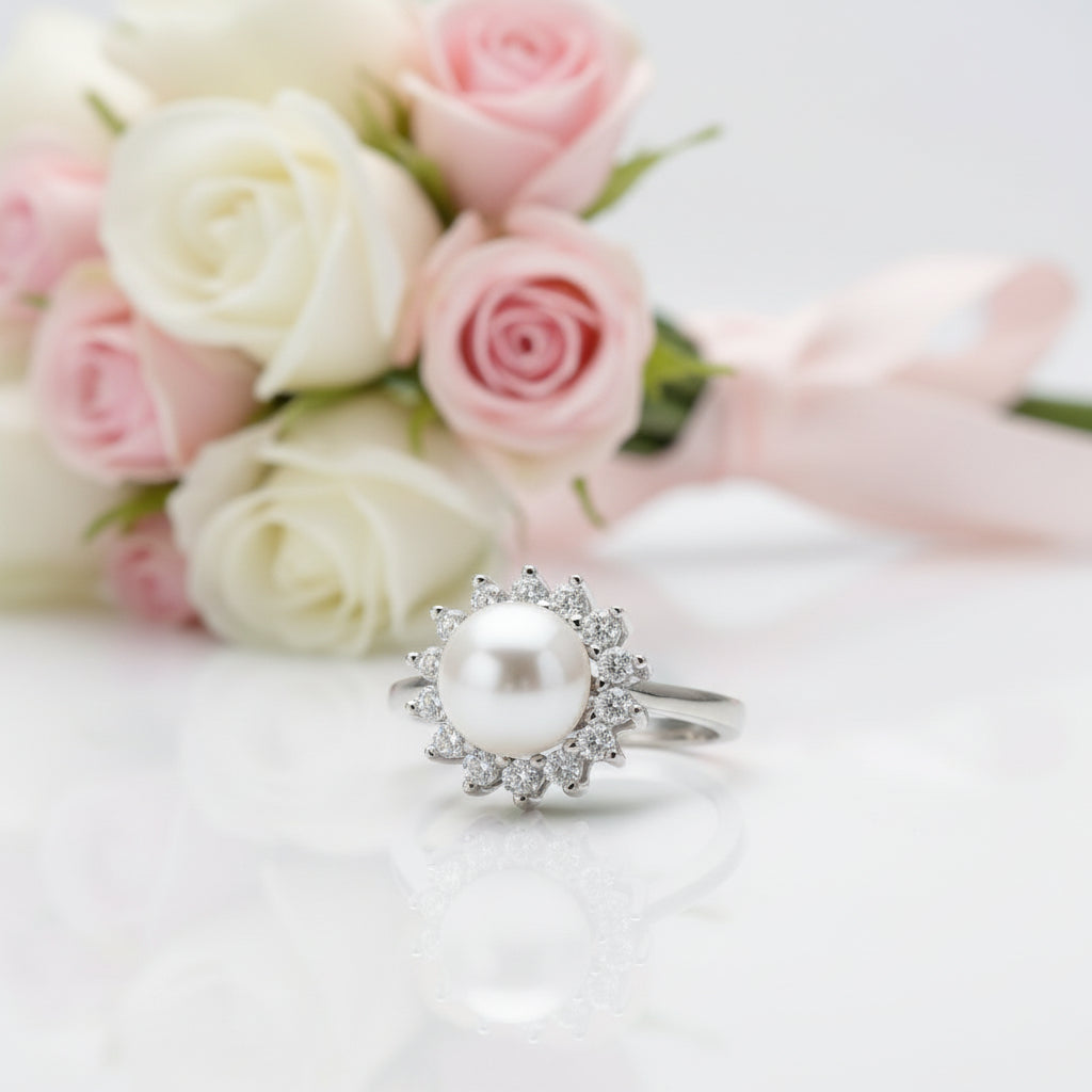 White Freshwater Pearl Halo Ring-Black Diamonds New York