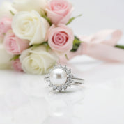 White Freshwater Pearl Halo Ring-Black Diamonds New York