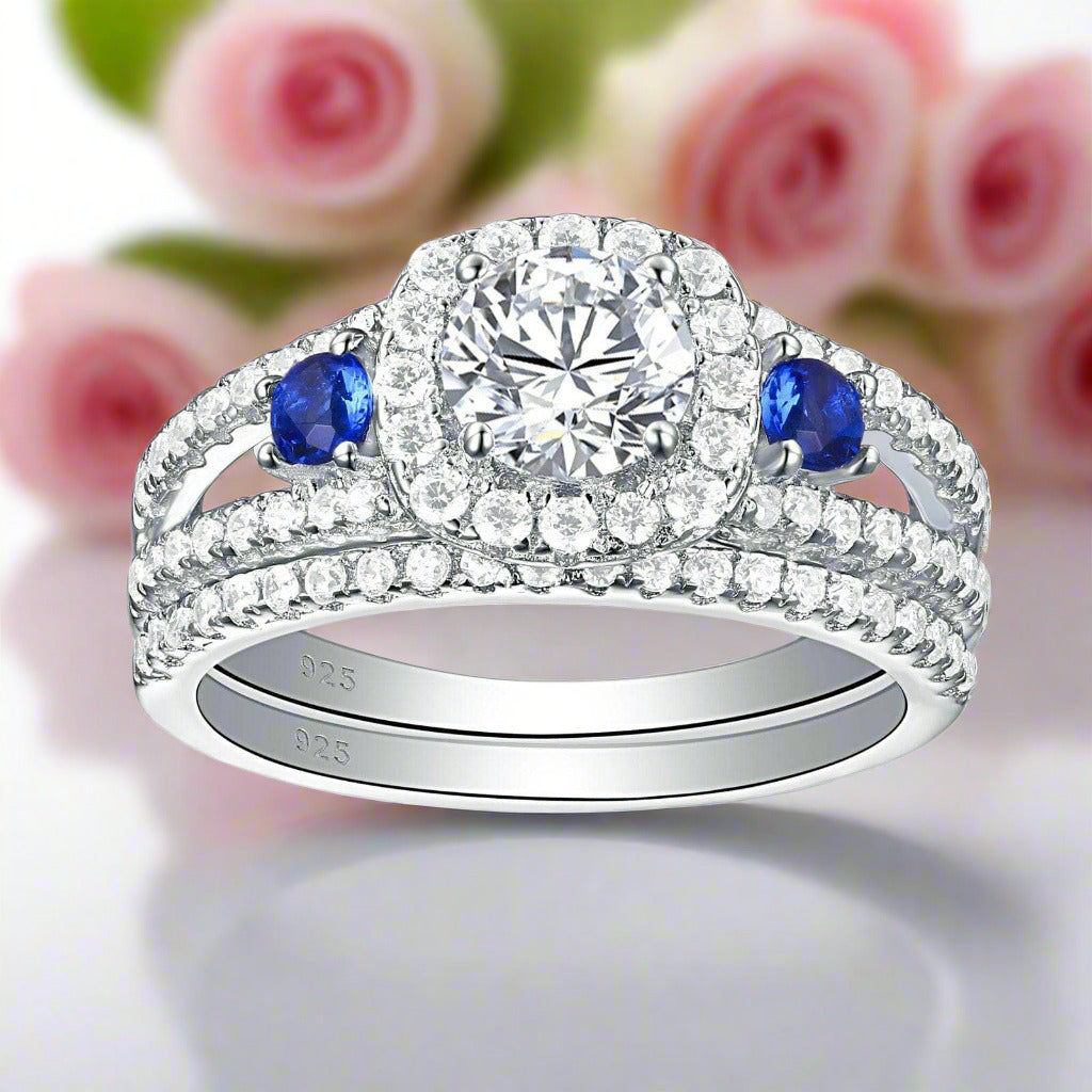 Blue Round Cut Diamond Halo Engagement Ring Set-Black Diamonds New York