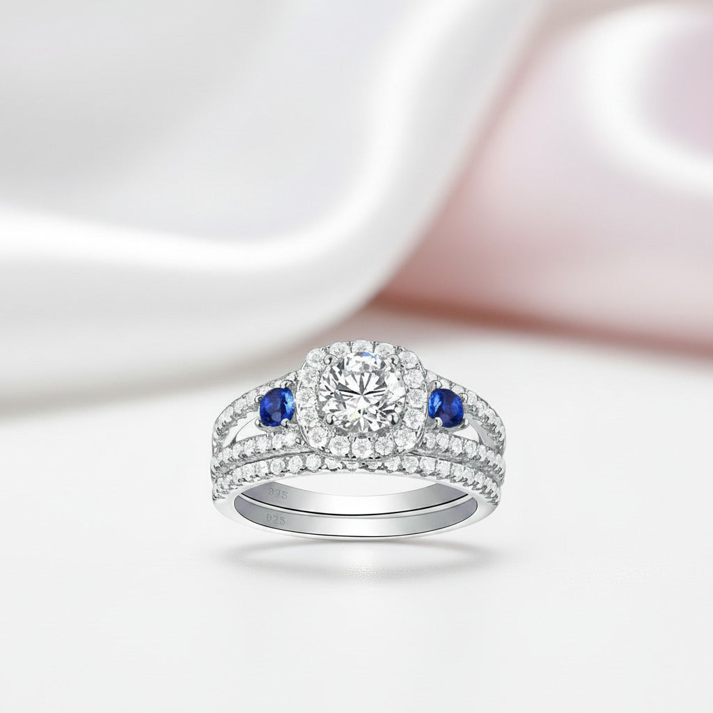 Blue Round Cut Diamond Option Halo Engagement Ring Set-Black Diamonds New York