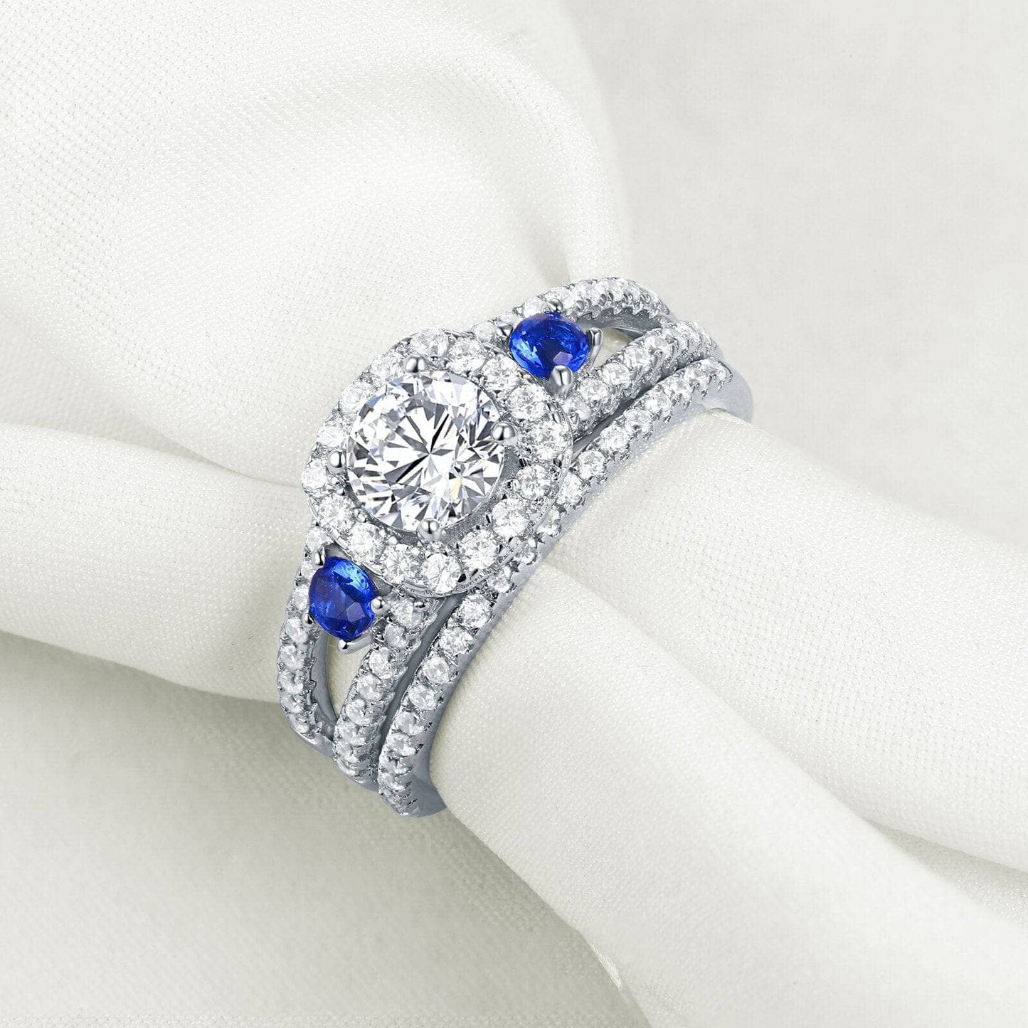 White Blue Round Cut EVN Stone Engagement Ring Set-Black Diamonds New York