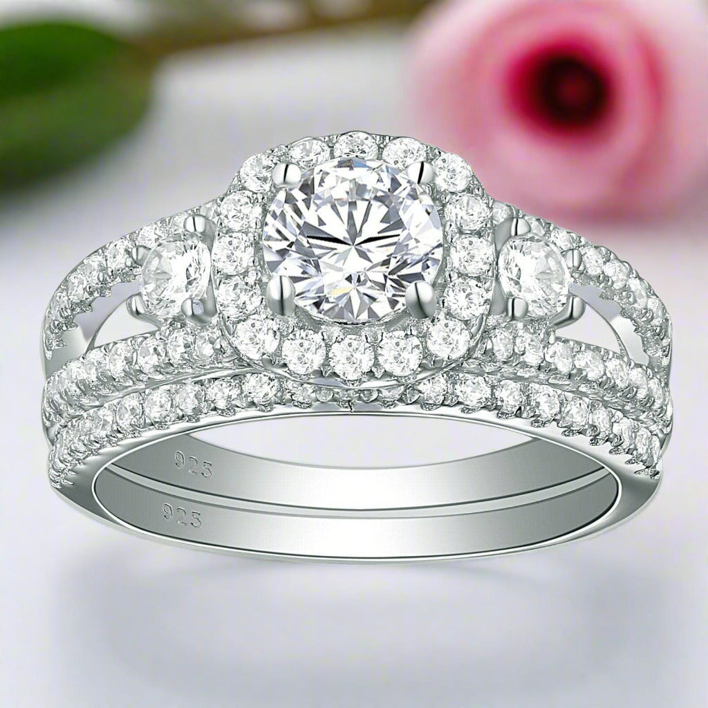 Blue Round Cut Diamond Halo Engagement Ring Set-Black Diamonds New York