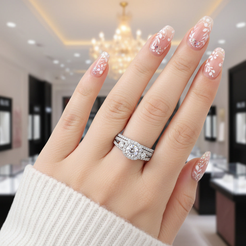 Blue Round Cut Diamond Option Halo Engagement Ring Set-Black Diamonds New York