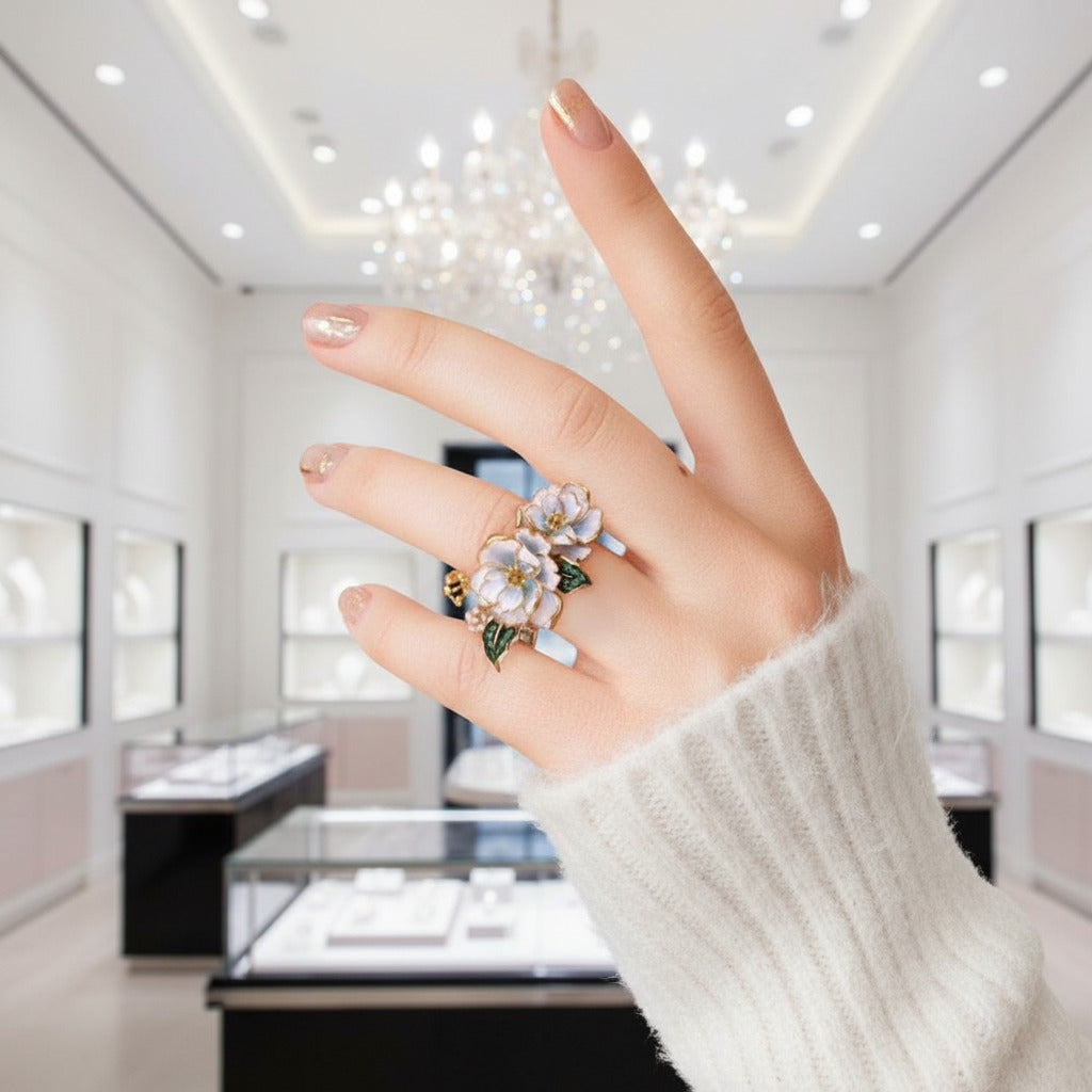 White Enamel Flower Ring with Diamond Option & Spinel-Black Diamonds New York
