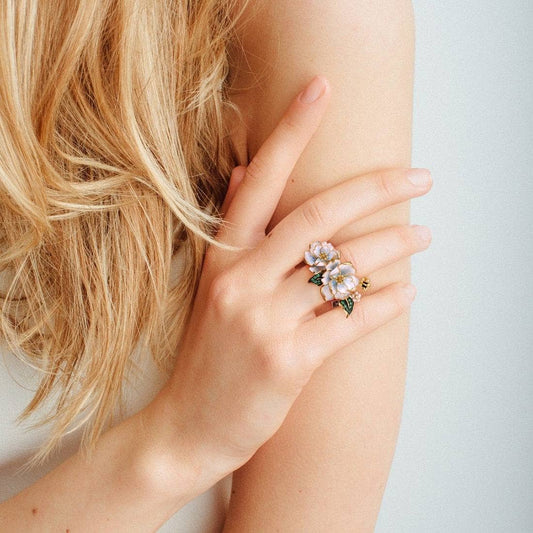 White Enamel Flower Ring with Created Diamond & Spinel-Black Diamonds New York