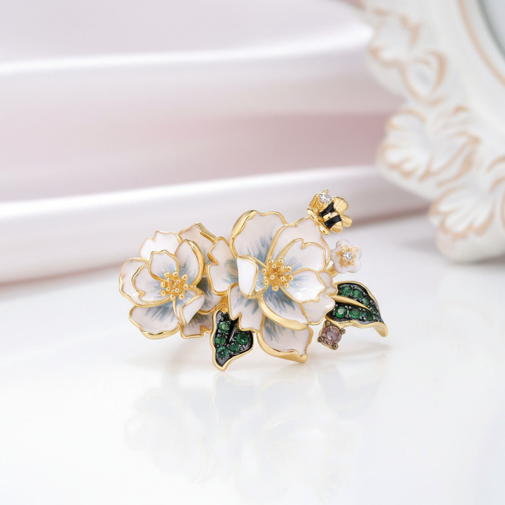 White Enamel Flower Ring with Diamond Option & Spinel-Black Diamonds New York