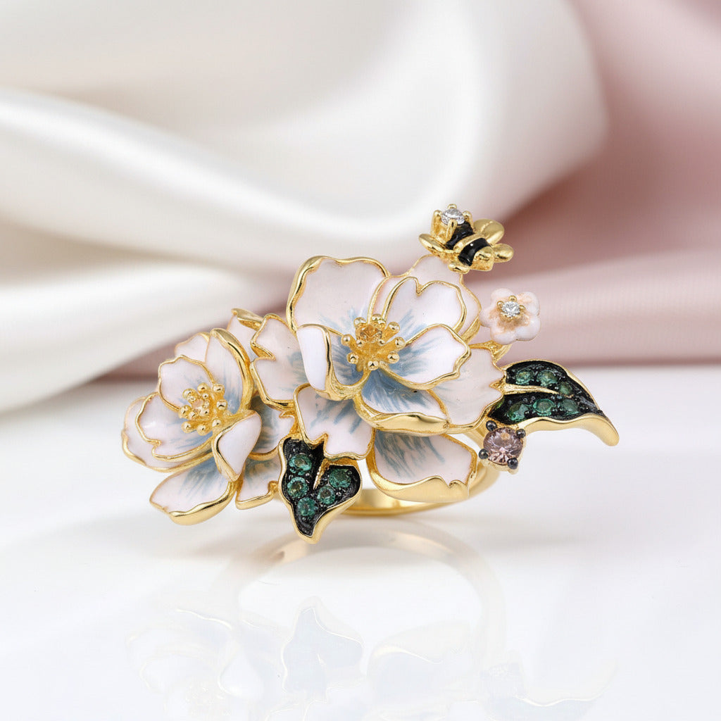 White Enamel Flower Ring with Diamond Option & Spinel-Black Diamonds New York
