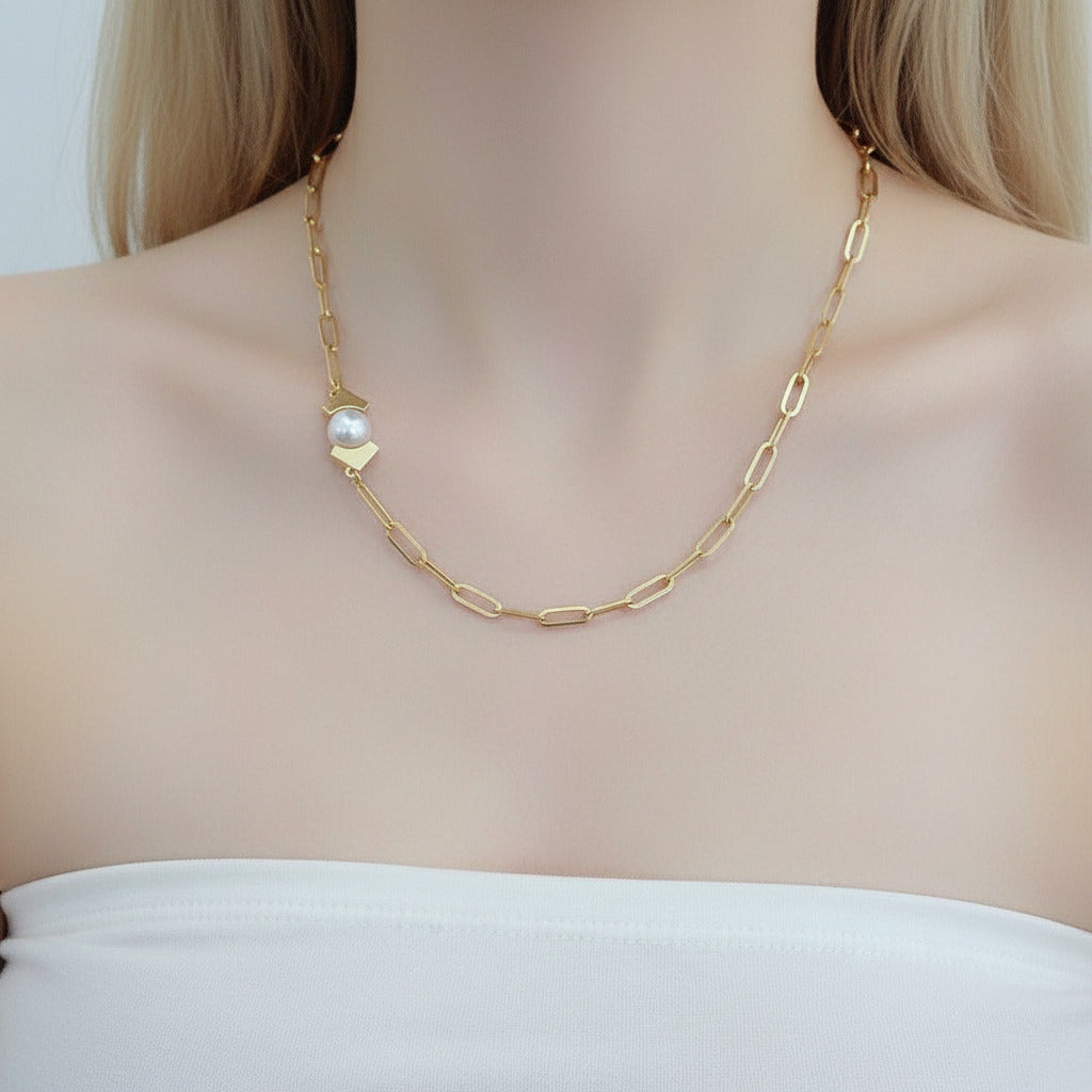 White Freshwater Pearl 18K Yellow Gold Necklace-Black Diamonds New York