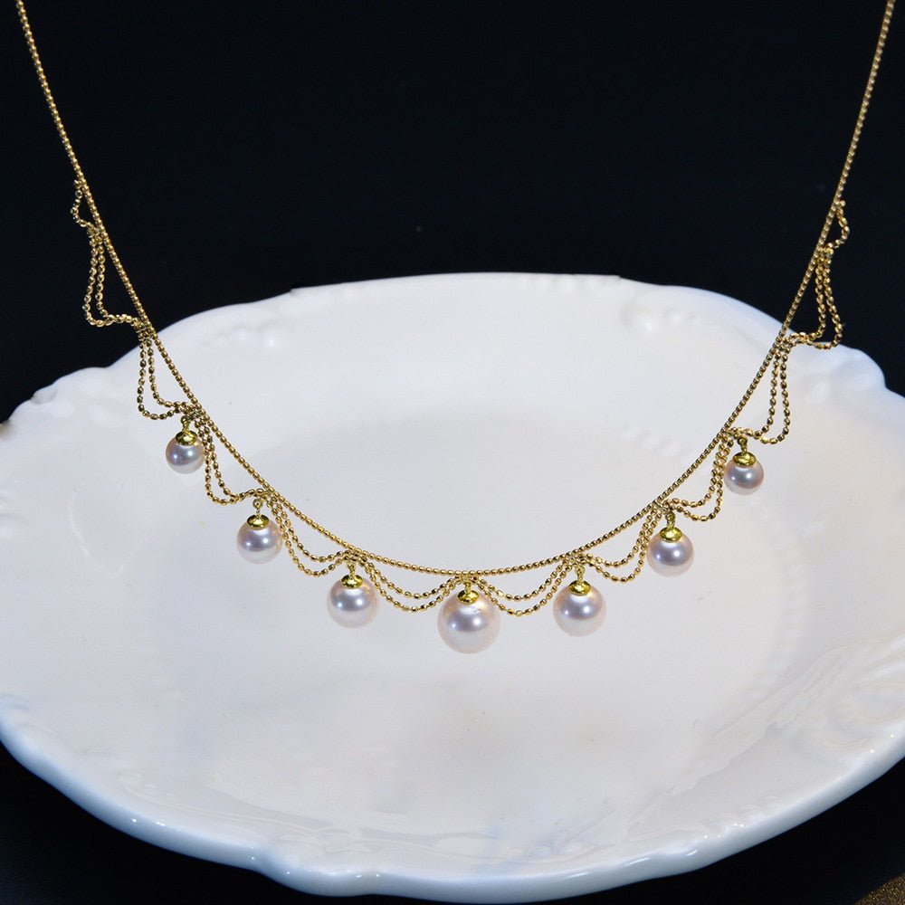 White Freshwater Pearl 18K Yellow Gold Necklace-Black Diamonds New York