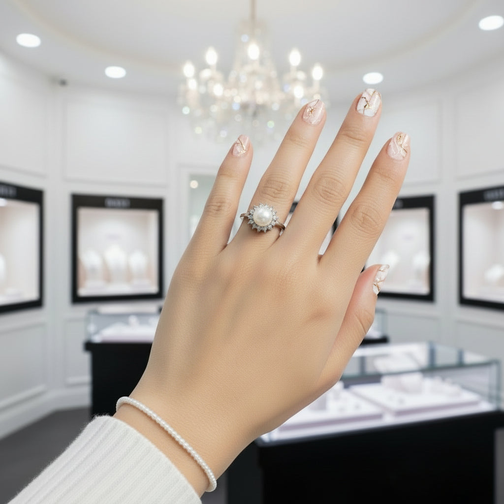 White Freshwater Pearl Halo Ring-Black Diamonds New York