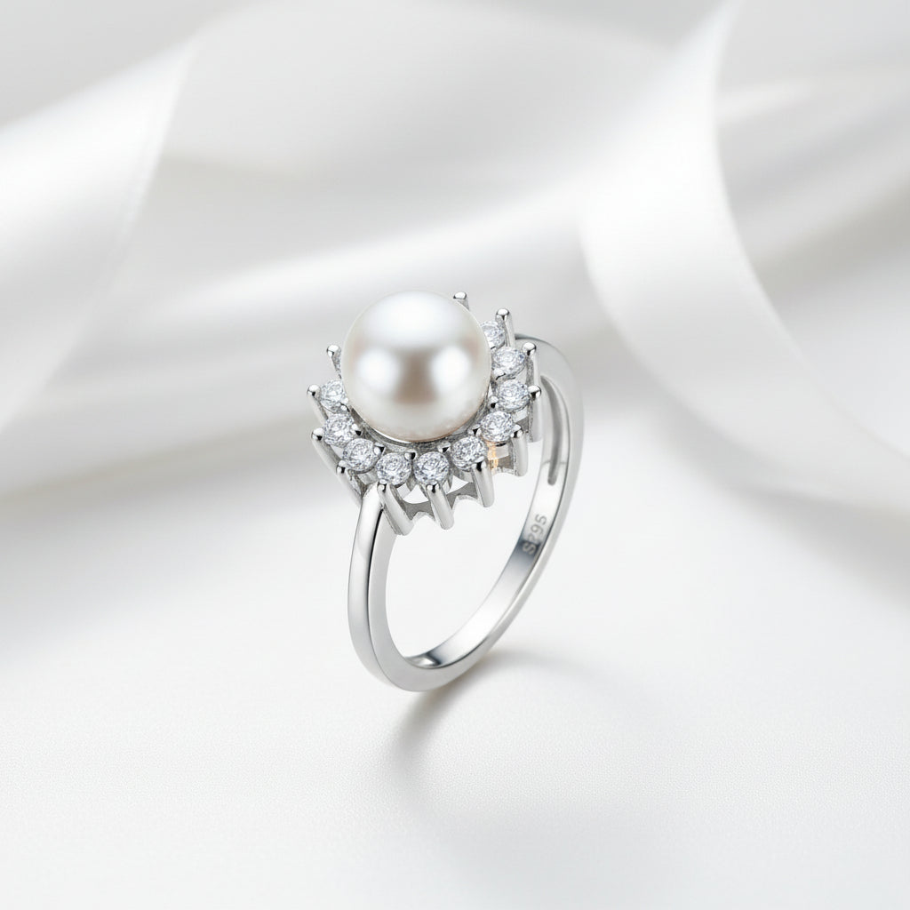 White Freshwater Pearl Halo Ring-Black Diamonds New York