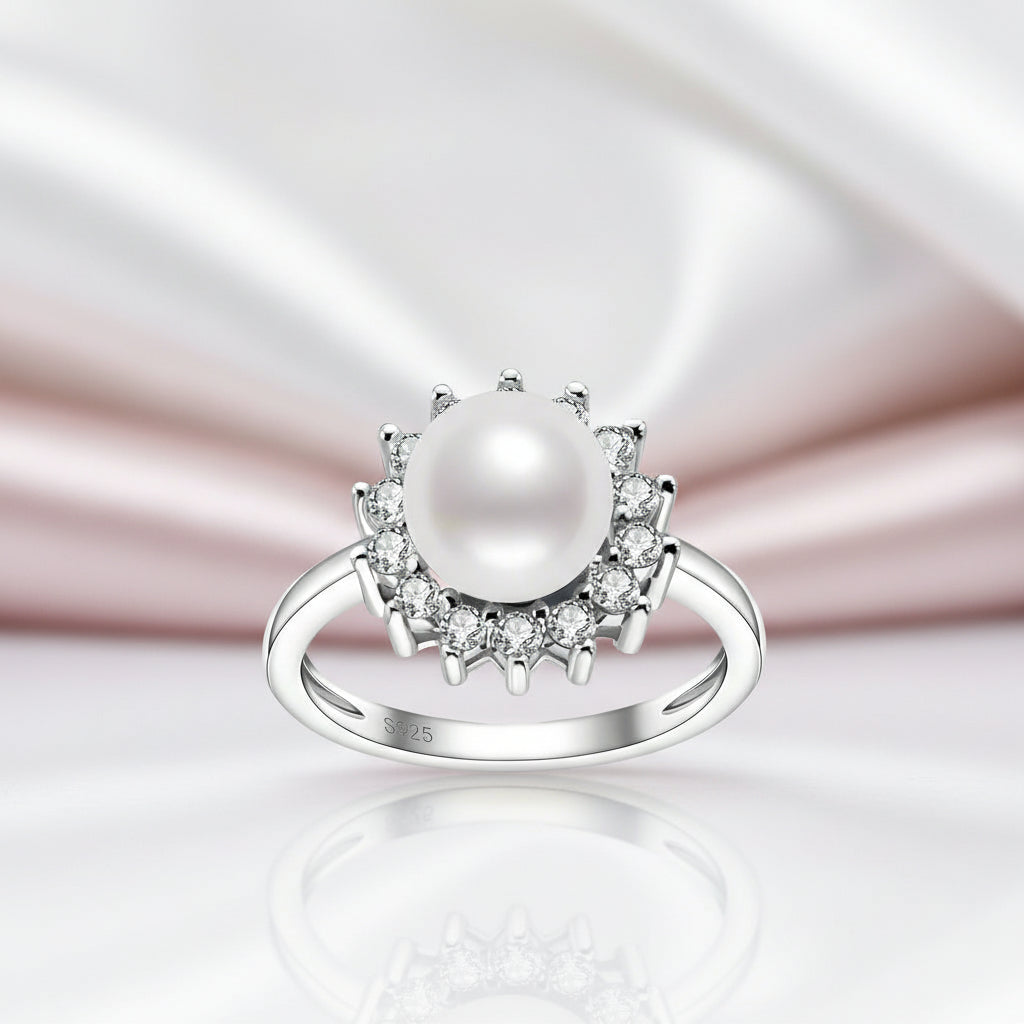 White Freshwater Pearl Halo Ring-Black Diamonds New York