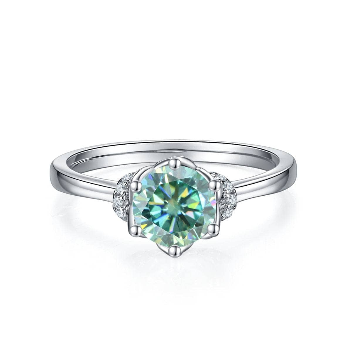 Solid 18k White Gold 1.0Ct Round Cut Green Moissanite Engagement Ring - Black Diamonds New York