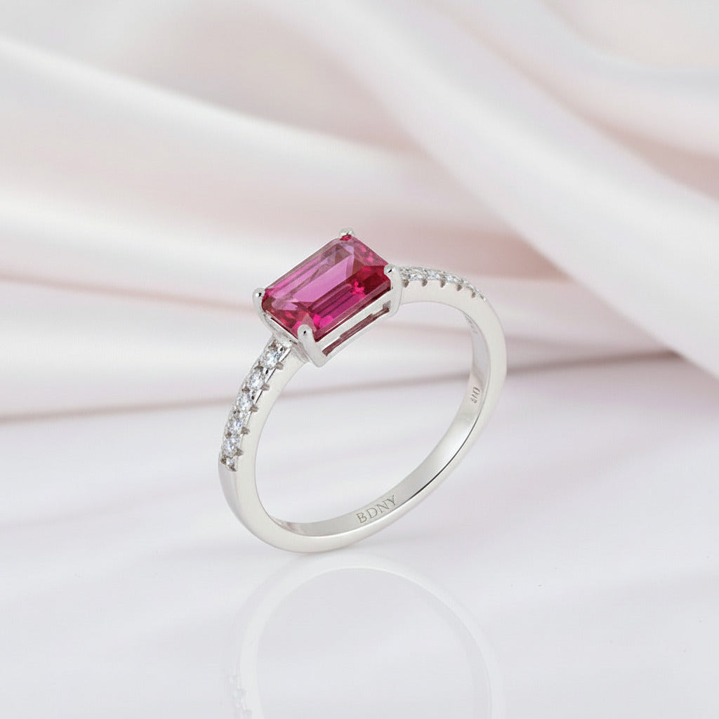 White Gold 1.5ct Emerald Cut Fuchsia Engagement Ring-Black Diamonds New York