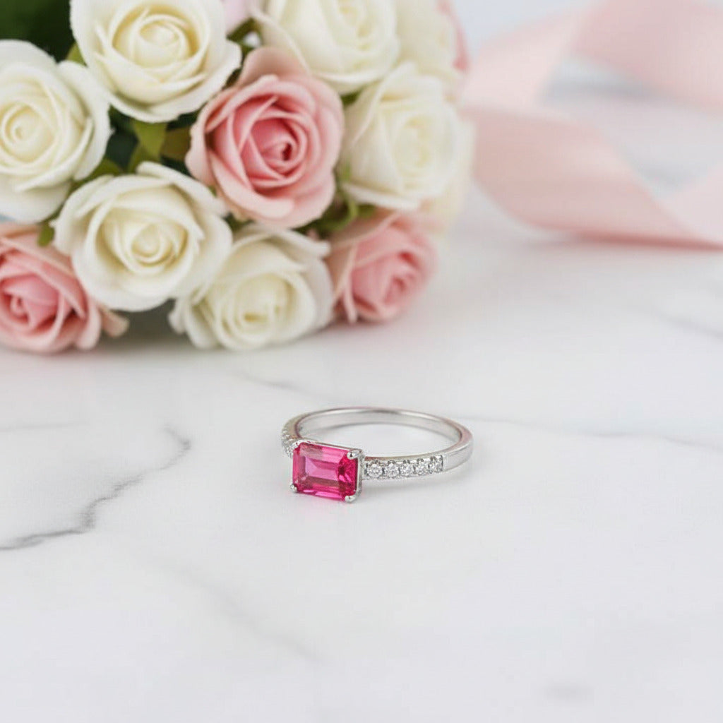 White Gold 1.5ct Emerald Cut Fuchsia Engagement Ring-Black Diamonds New York