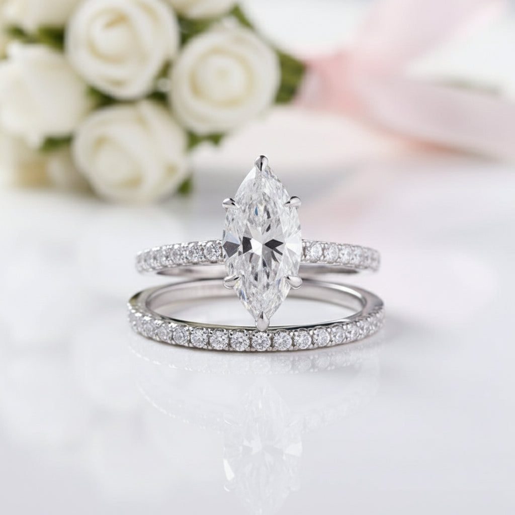White Gold 1.5ct Marquise Cut Wedding Set-Black Diamonds New York