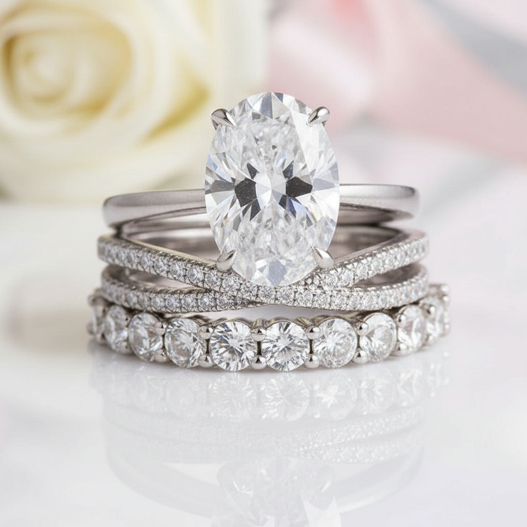 White Gold 3pc Oval Cut Simulated Diamonds Wedding Ring Set-Black Diamonds New York