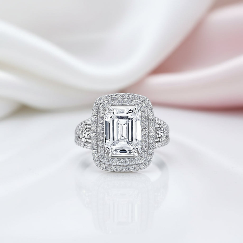 White Gold 4.0 ct Emerald Cut Halo Engagement Ring-Black Diamonds New York