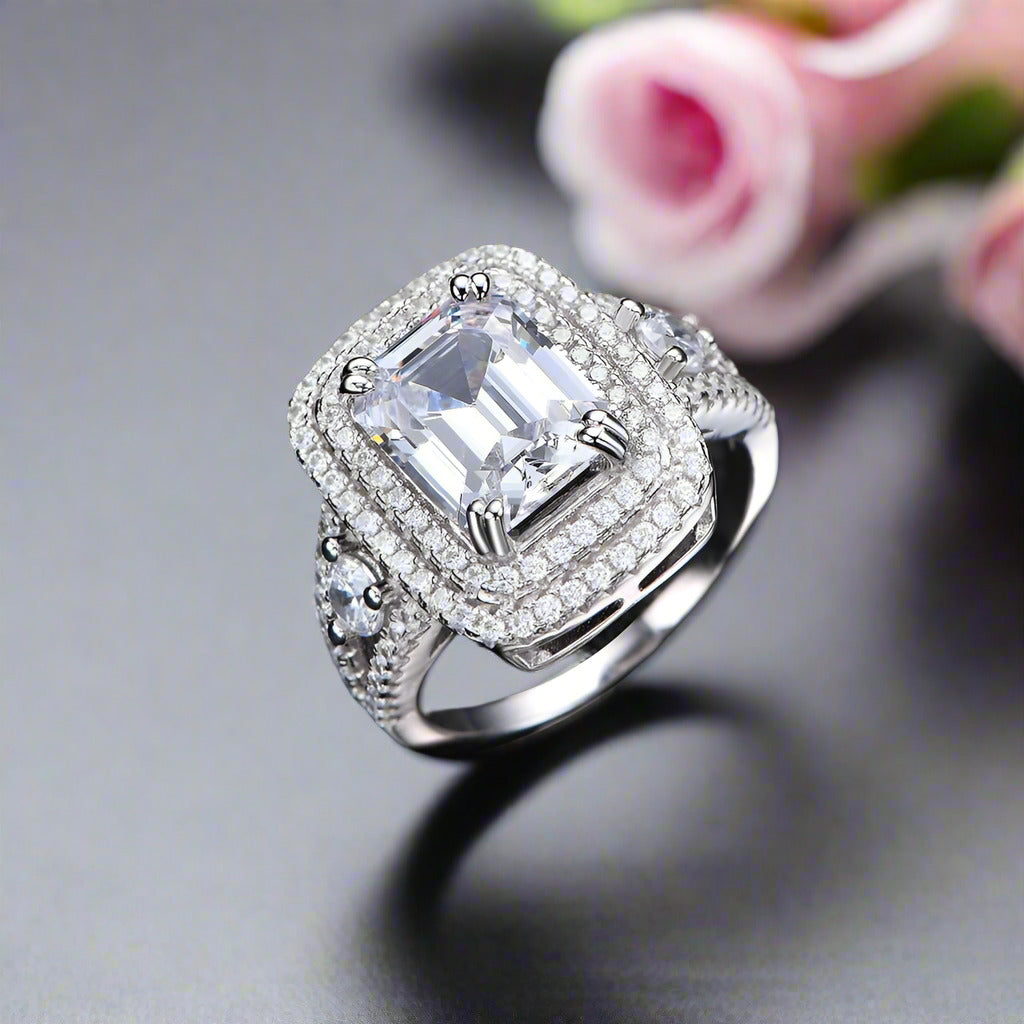 White Gold 4.0 ct Emerald Cut Halo Engagement Ring-Black Diamonds New York