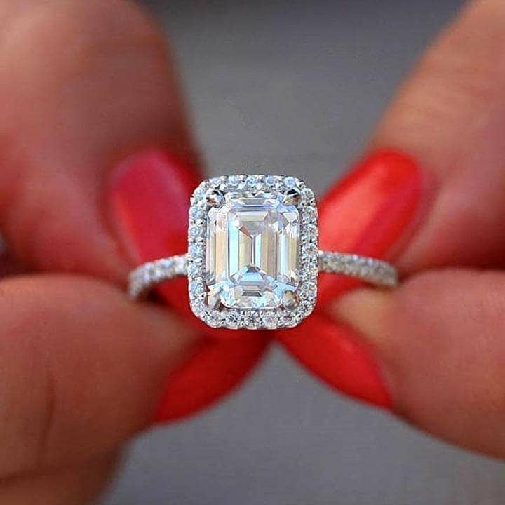 White Gold Classic Halo Emerald Cut Engagement Ring