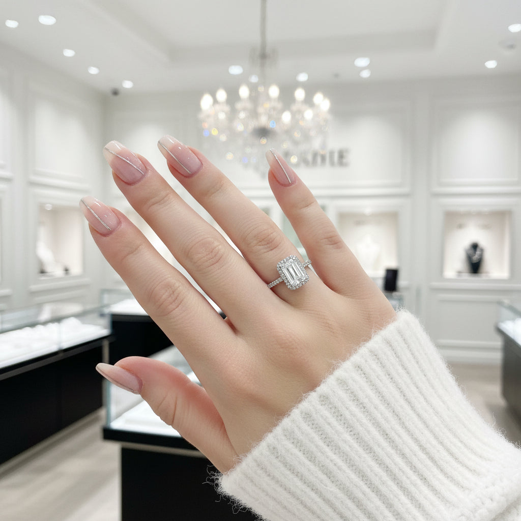 White Gold Classic Halo Emerald Cut Engagement Ring-Black Diamonds New York
