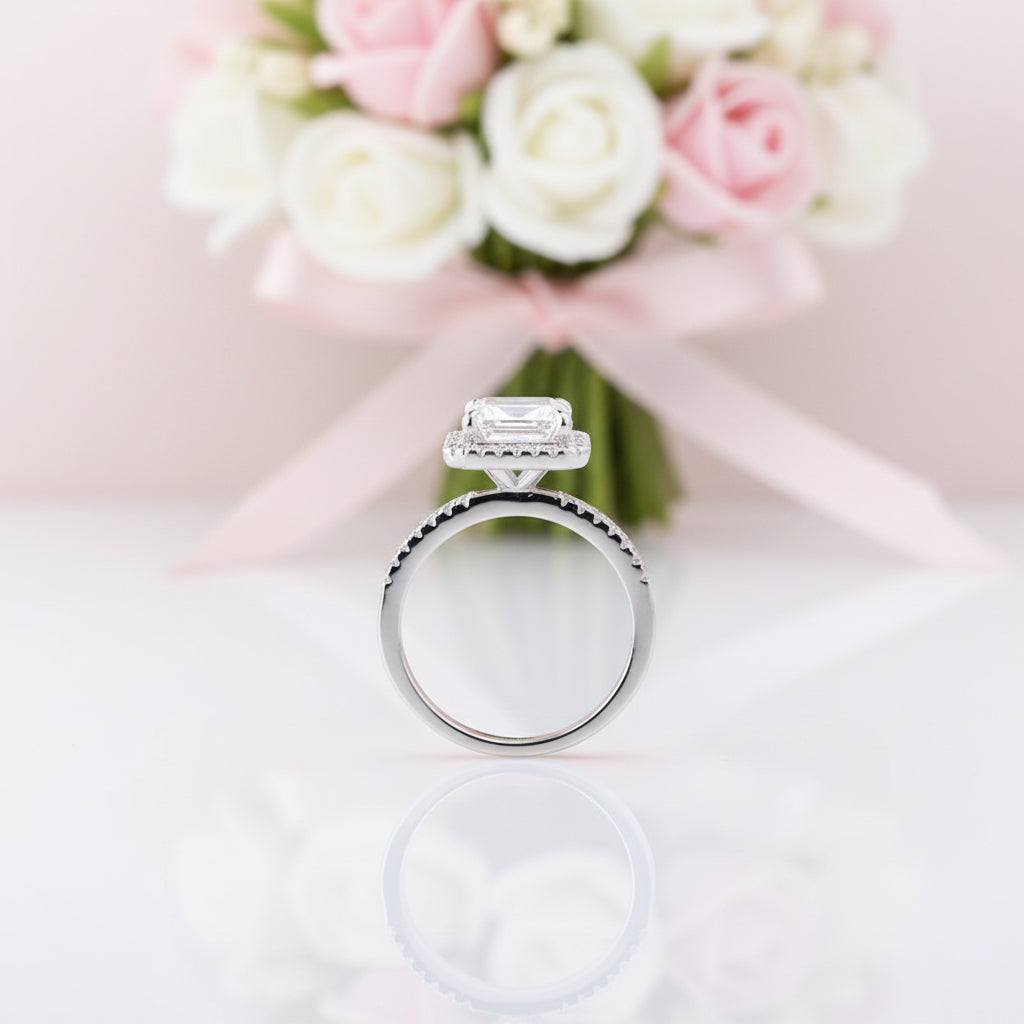 White Gold Classic Halo Emerald Cut Engagement Ring-Black Diamonds New York