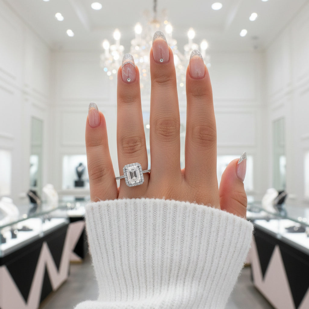 White Gold Classic Halo Emerald Cut Engagement Ring-Black Diamonds New York