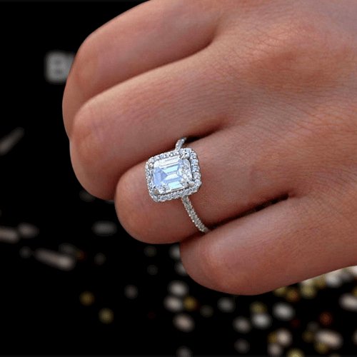 White Gold Classic Halo Emerald Cut Engagement Ring - Black Diamonds New York