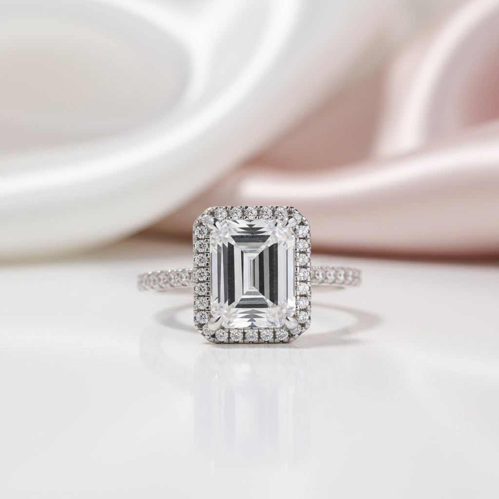 White Gold Classic Halo Emerald Cut Engagement Ring-Black Diamonds New York
